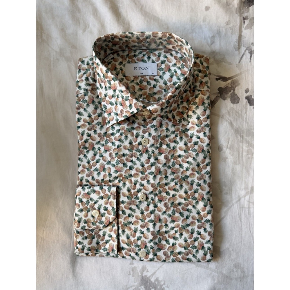 NWT Eton Slim Fit Pineapple Print Cotton Tencel Shirt Dress Casual Button Luxury